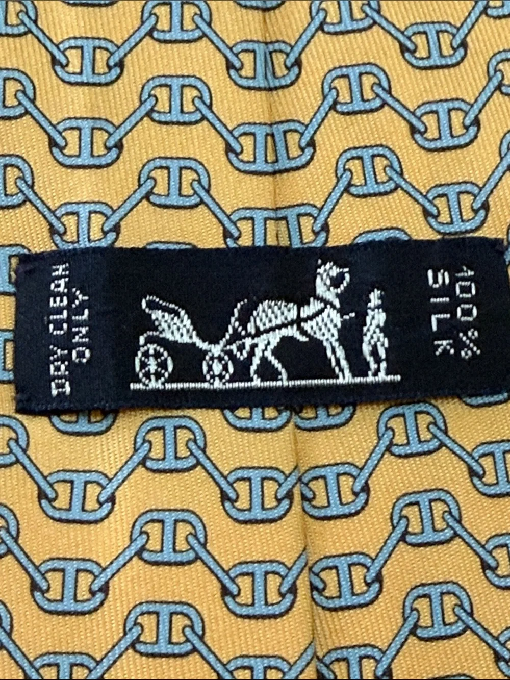 Hermes Paris Silk Neck Tie with Logo Yellow & Blue Chains made in France